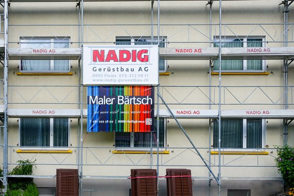 Baustellenbanner, Baustellenwerbung, Gerüstwerbung, Gitternetzbanner, Bauzaun, Druckwerbung