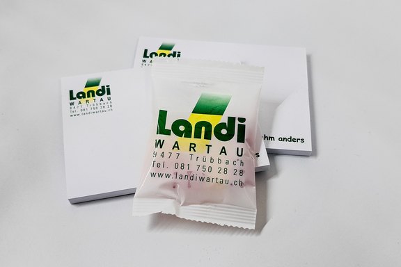 Landi Wartau, Messewerbung Messeartikel, Gummibär, Kleb-Notizen