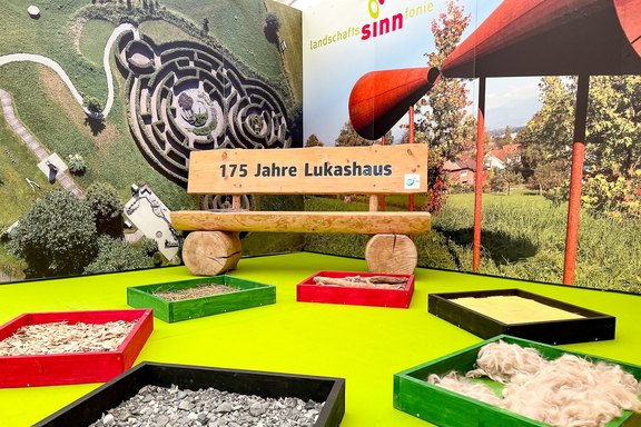 Lukashaus - Messeauftritt Bank, Druck, Licht, Messe, Wand